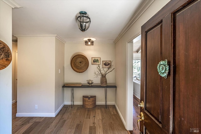 entryway with ornamental molding and dark hardwood / wood-style flooring