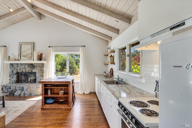 kitchen with a stone fireplace, white cabinets, dark wood-type flooring, and a healthy amount of sunlight