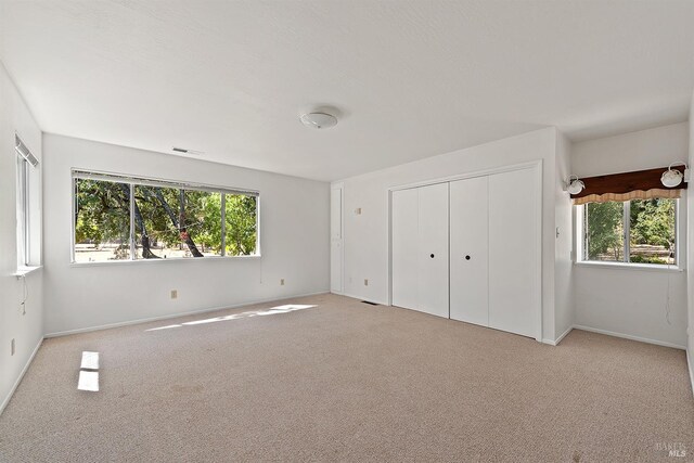 unfurnished bedroom featuring light colored carpet, a closet, and multiple windows