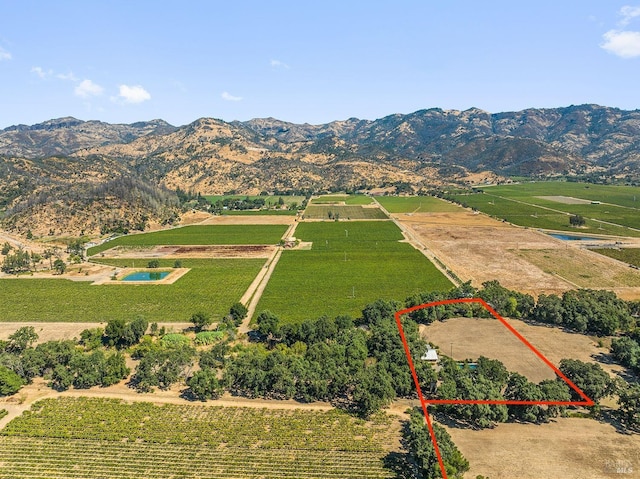 bird's eye view featuring a mountain view and a rural view