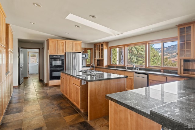 kitchen with vaulted ceiling with skylight, appliances with stainless steel finishes, a center island with sink, and sink