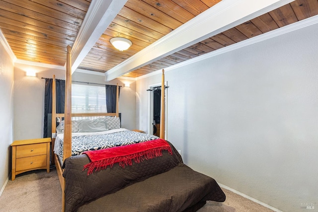 bedroom with ornamental molding, beam ceiling, carpet, and wood ceiling