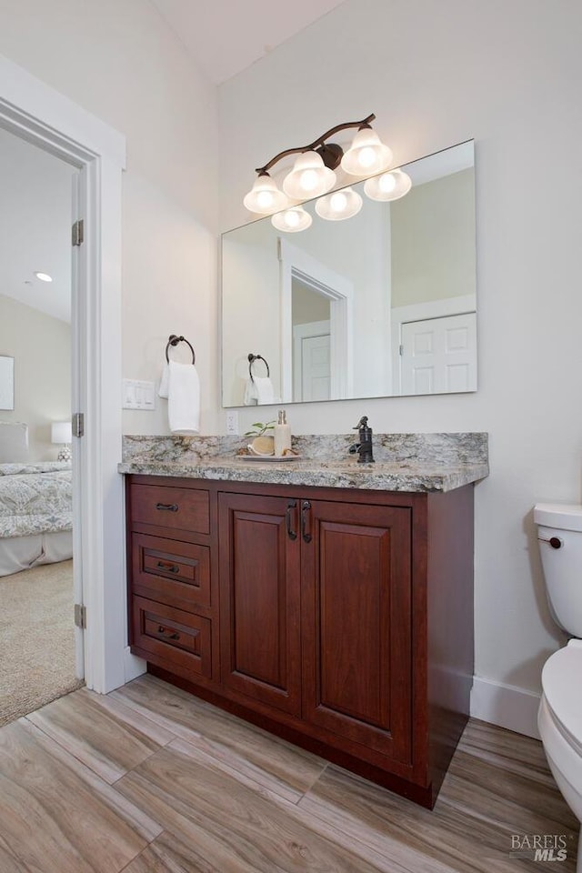 bathroom with vanity, hardwood / wood-style floors, and toilet