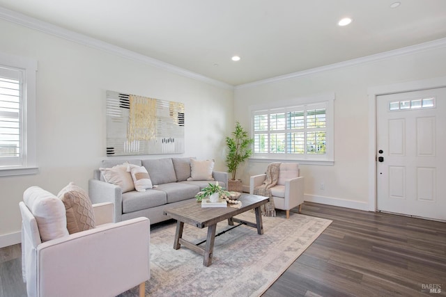 living room featuring ornamental molding, a wealth of natural light, and dark hardwood / wood-style flooring