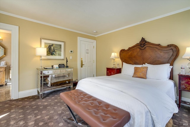 carpeted bedroom featuring ornamental molding