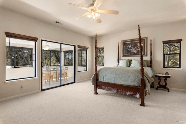 bedroom with ceiling fan, access to exterior, and carpet floors