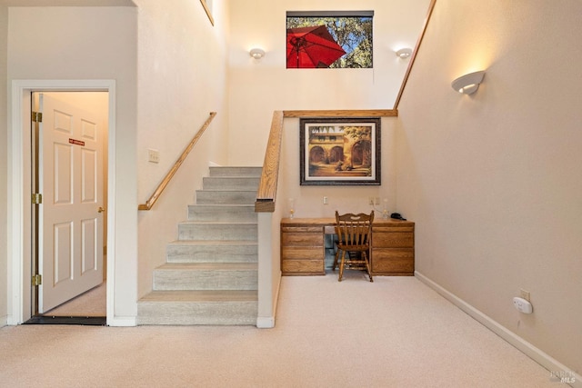 stairway featuring carpet