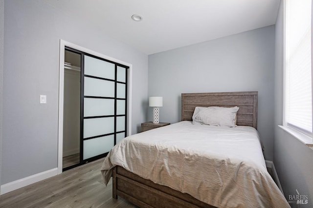 bedroom featuring hardwood / wood-style floors and a closet