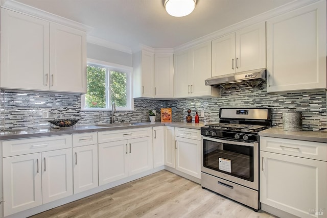 kitchen featuring gas stove, sink, exhaust hood, and white cabinets