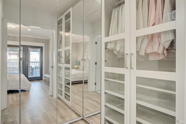 spacious closet featuring hardwood / wood-style floors and french doors