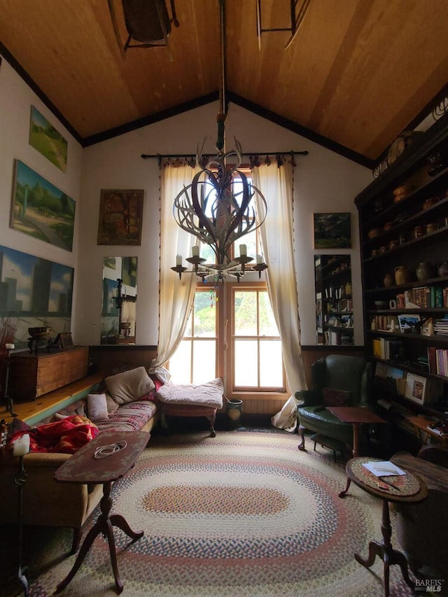 living area with wood ceiling, a chandelier, and lofted ceiling with beams