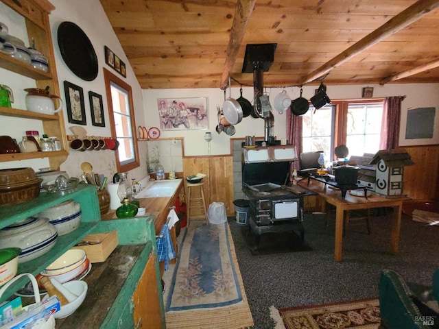 misc room featuring wood ceiling, wooden walls, and vaulted ceiling