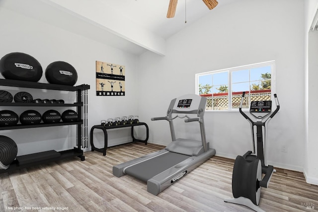 workout room with ceiling fan, light wood-type flooring, and high vaulted ceiling