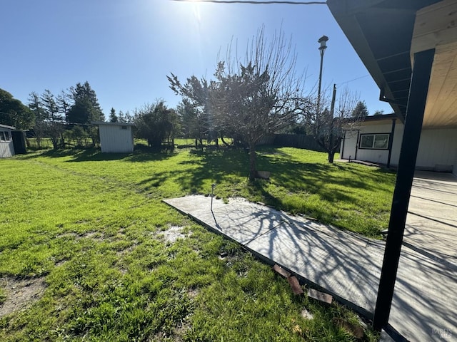 view of yard featuring a storage shed