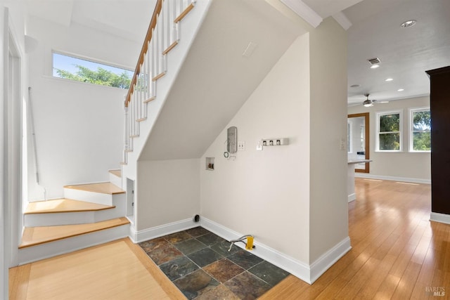 staircase with ornamental molding, wood-type flooring, and ceiling fan