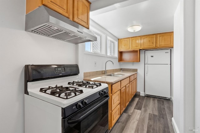 kitchen featuring dark hardwood / wood-style flooring, white appliances, sink, and extractor fan