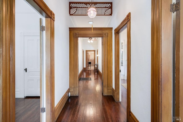 hallway with dark wood-type flooring