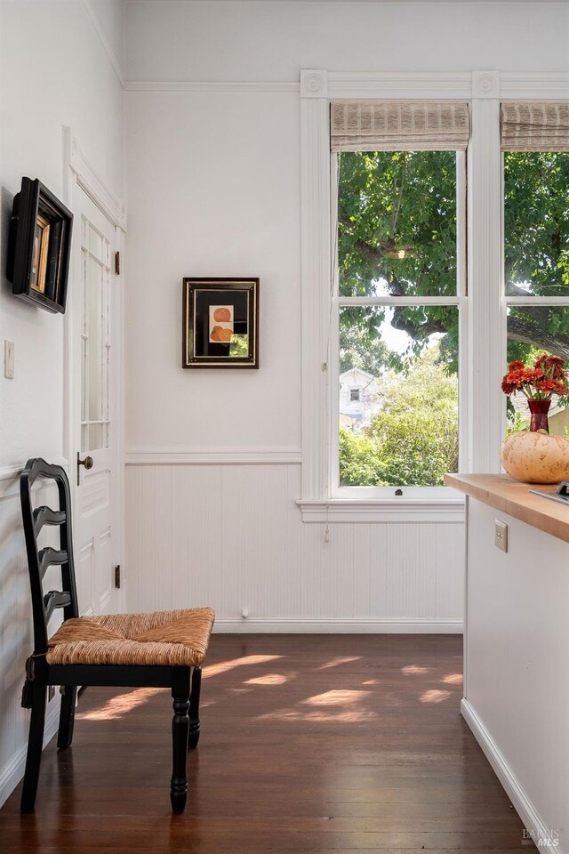 2230 1st St, Napa, CA 94559 - living area with dark wood-type flooring, a wainscoted wall, and a wealth of natural light
