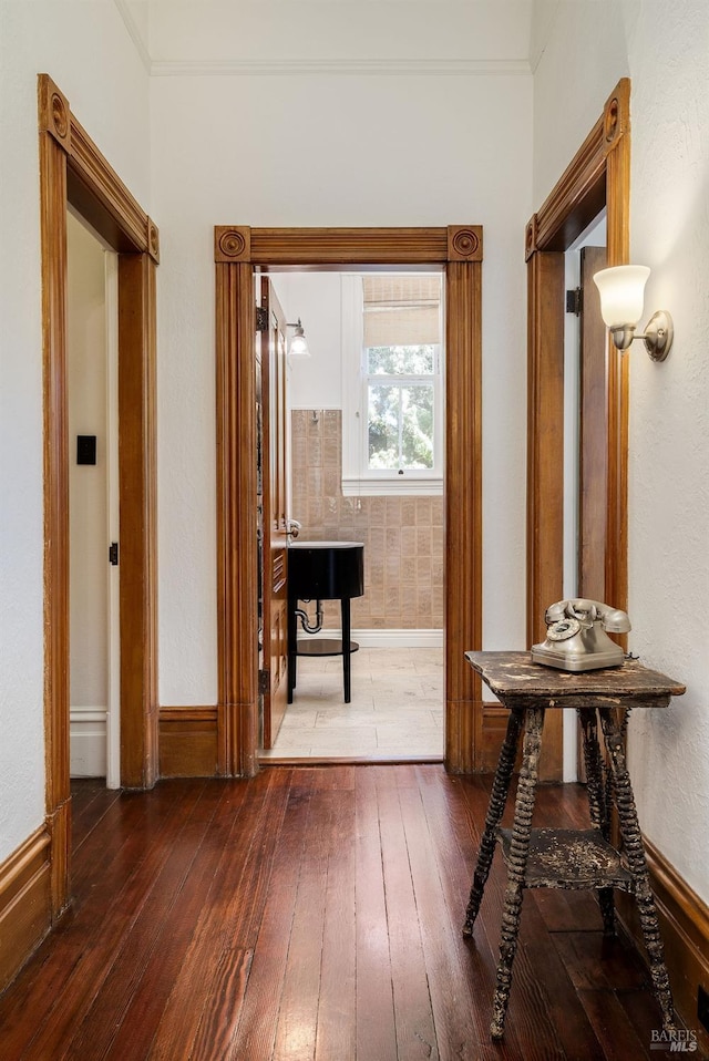 hall featuring baseboards, crown molding, and hardwood / wood-style flooring