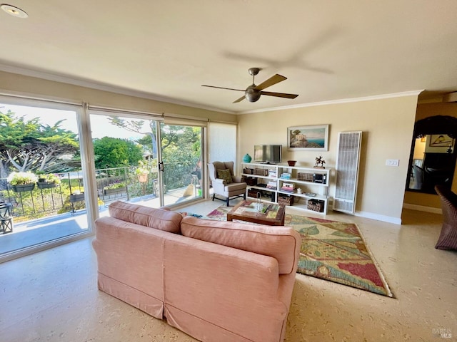 living room with a ceiling fan, crown molding, and baseboards