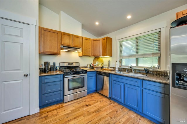 kitchen with appliances with stainless steel finishes, light wood-type flooring, sink, and vaulted ceiling