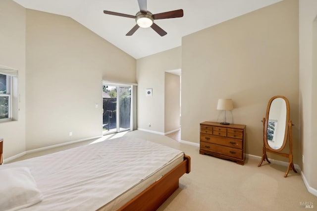 bedroom featuring light carpet, high vaulted ceiling, ceiling fan, and access to exterior