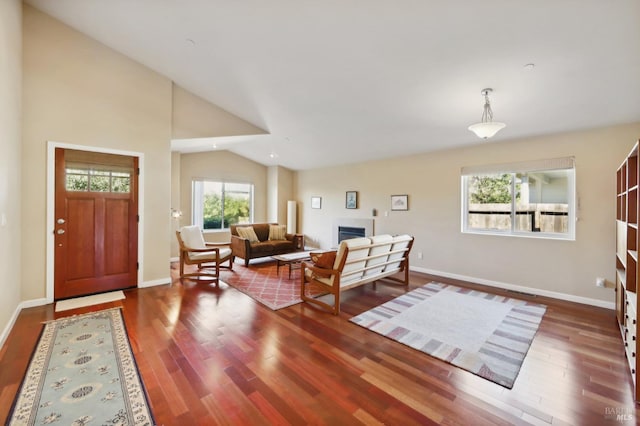 foyer with vaulted ceiling and dark wood-type flooring