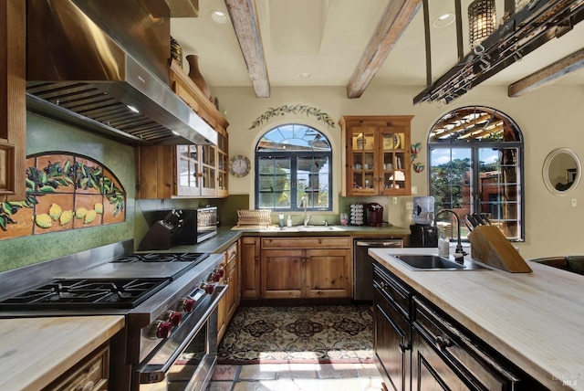 kitchen featuring range hood, beamed ceiling, appliances with stainless steel finishes, and a healthy amount of sunlight