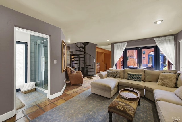 tiled living room with french doors