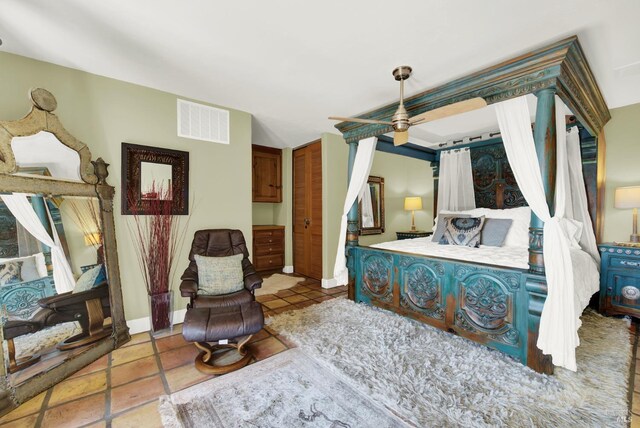 bedroom with ceiling fan and a closet