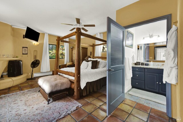 tiled bedroom featuring ceiling fan and a baseboard radiator