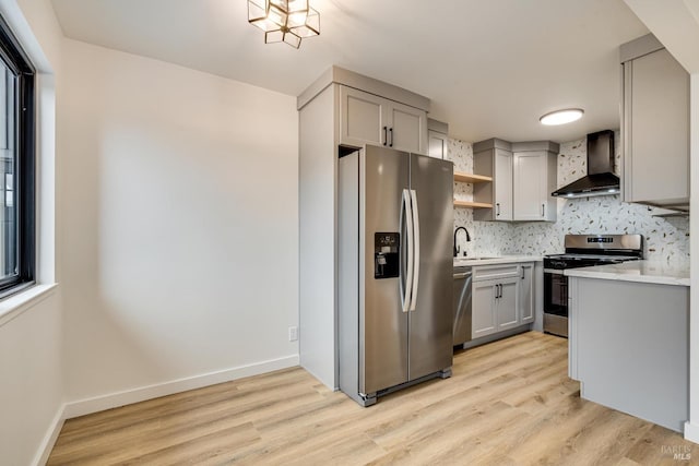 kitchen with wall chimney range hood, light hardwood / wood-style flooring, backsplash, gray cabinets, and appliances with stainless steel finishes