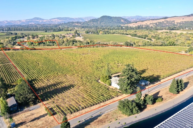 birds eye view of property featuring a mountain view and a rural view