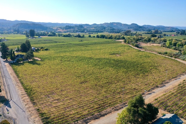 drone / aerial view featuring a mountain view and a rural view