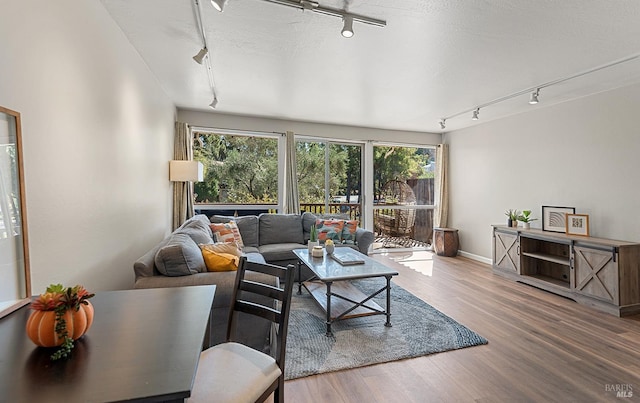 living area featuring baseboards, wood finished floors, a textured ceiling, and rail lighting