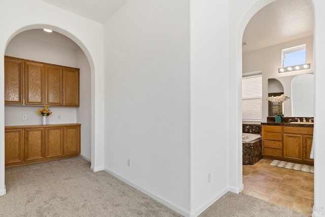 corridor with light colored carpet and sink