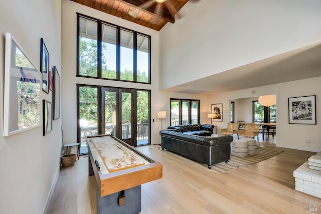 recreation room featuring french doors, plenty of natural light, and high vaulted ceiling