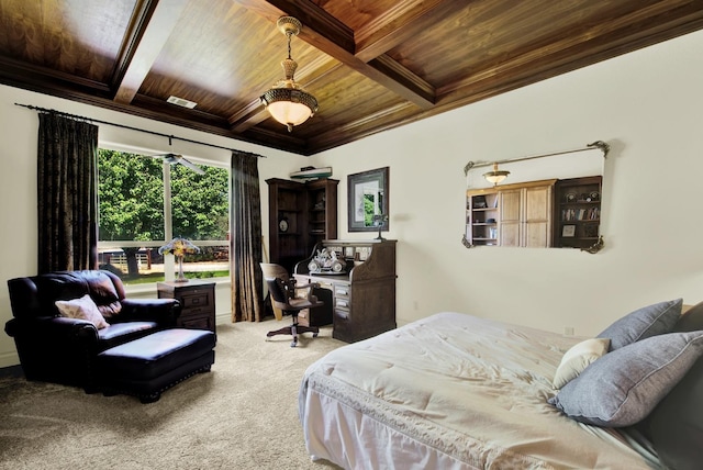 bedroom with wood ceiling, ornamental molding, beam ceiling, and carpet