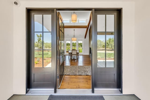 doorway with wood-type flooring