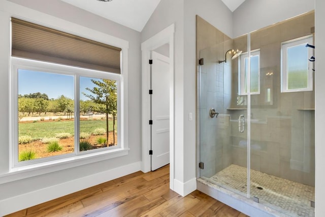 bathroom with vaulted ceiling, hardwood / wood-style floors, and an enclosed shower