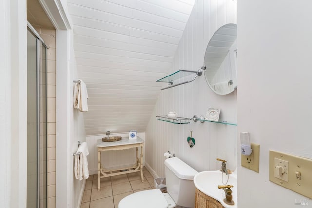 12130 Hwy 116, Guerneville, CA 95446 - full bath with lofted ceiling, toilet, a shower stall, and tile patterned flooring