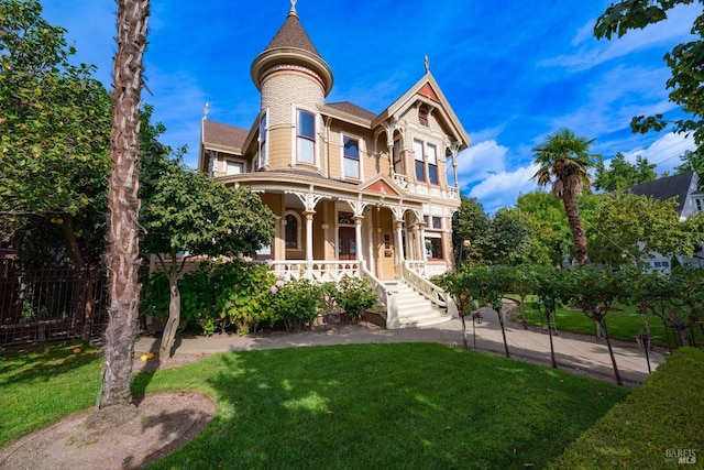 victorian house featuring a front lawn and covered porch