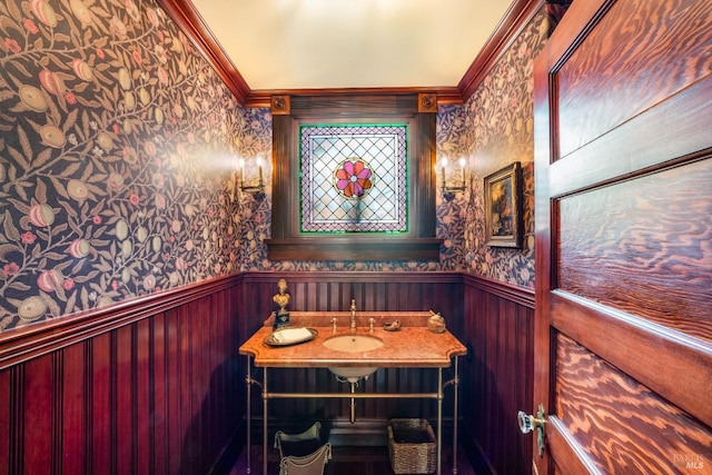 bathroom with ornamental molding and sink