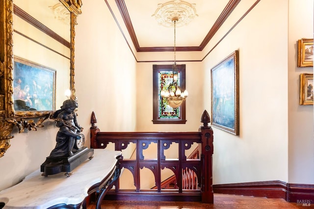 corridor with a notable chandelier, dark hardwood / wood-style floors, and crown molding