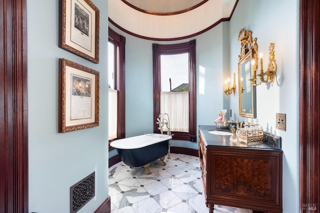 bathroom with vanity and a washtub