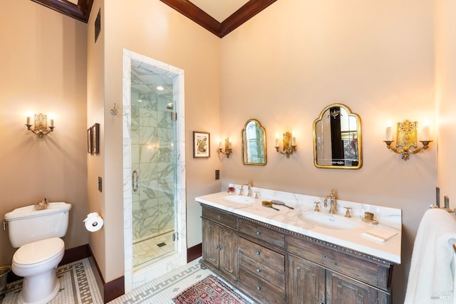 bathroom with vanity, ornamental molding, tile patterned floors, toilet, and a shower with door