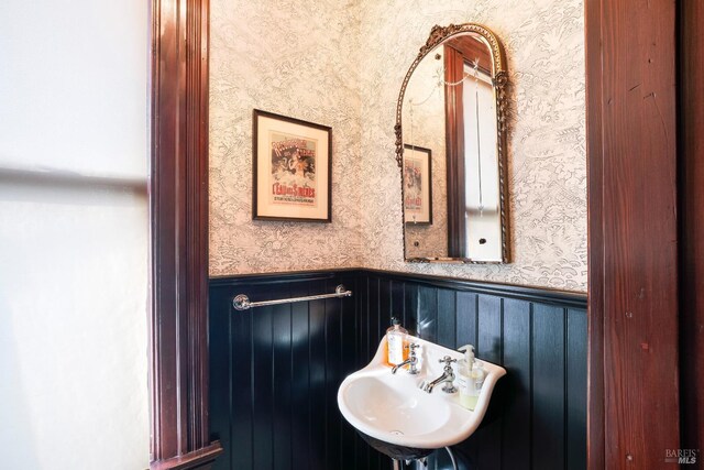 bathroom featuring wood walls and sink