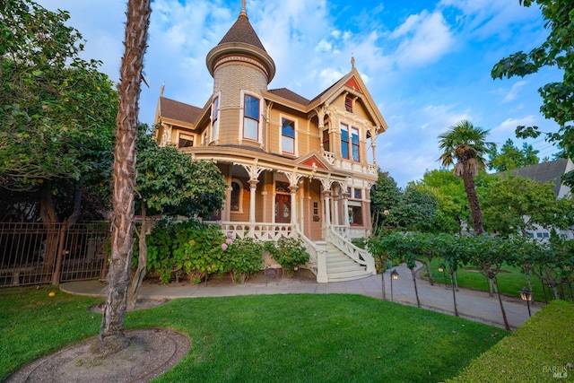 victorian home with a front lawn and covered porch