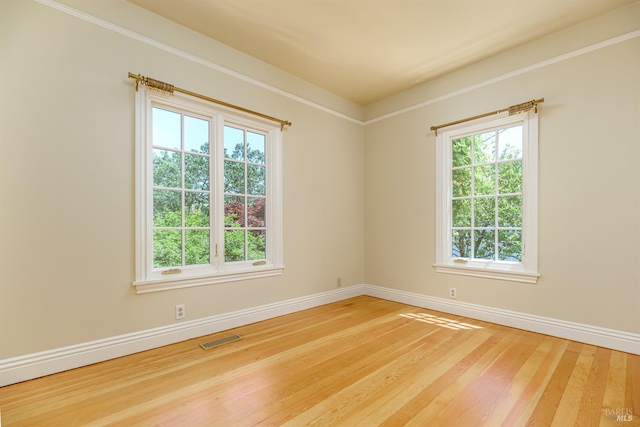 spare room with ornamental molding, light wood-type flooring, and a wealth of natural light