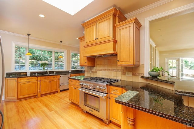 kitchen with stainless steel appliances, ornamental molding, hanging light fixtures, and light hardwood / wood-style flooring